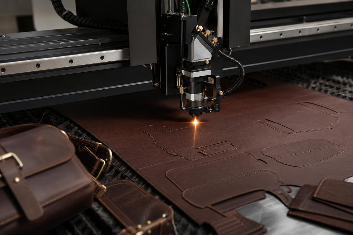 A CNC cutting machine producing precision-cut genuine leather pieces for bag manufacturing
