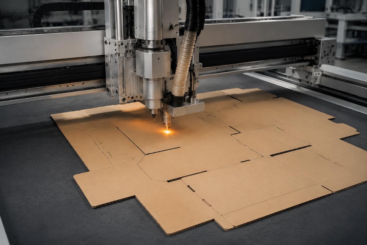 low MOQ CNC cutter for small batch sample production A custom packaging workshop’s CNC machine cutting a corrugated box prototype without a dedicated die