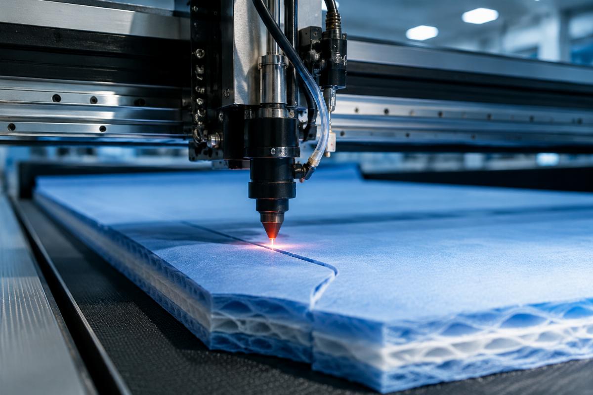 Medical textile CNC cutting machine processing 3 layers of non-woven fabric for surgical gown production