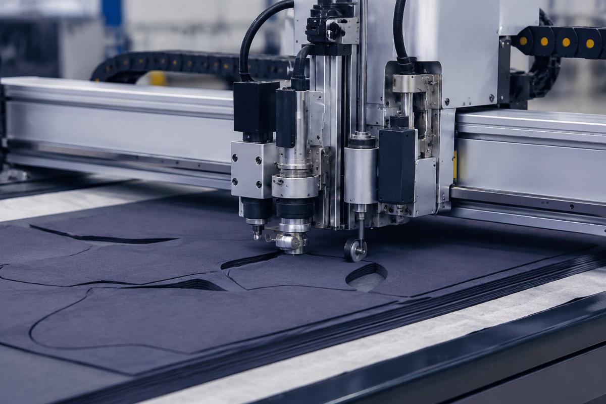 Mid-range CNC oscillating knife cutter processing multiple layers of fabric on a production line