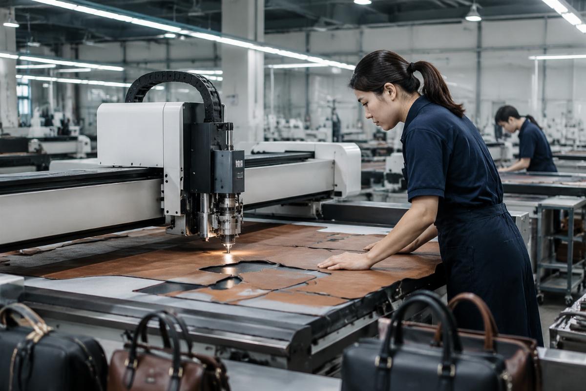 Workers operating a mid-tier CNC leather cutting machine in a handbag production facility
