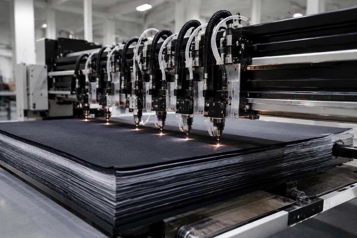 Garment production line with multi-head CNC cutting machine processing stacked fabric layers