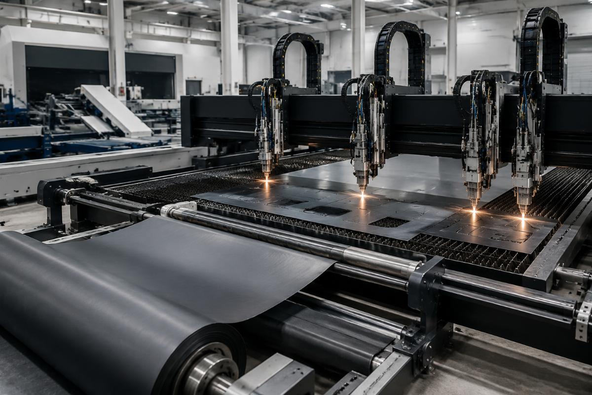 Multi-head CNC cutting machine operating on a factory production floor with automatic feeding system