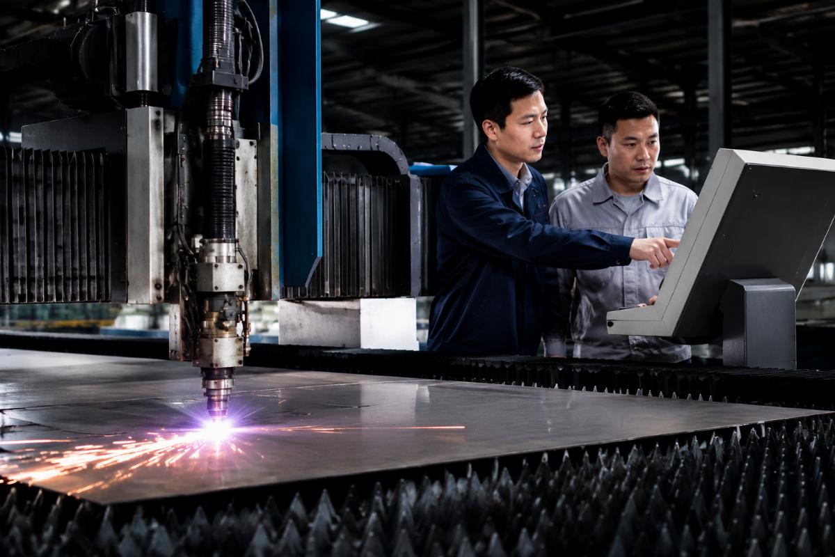 A technician providing on-site operator training for a heavy-duty CNC cutting machine