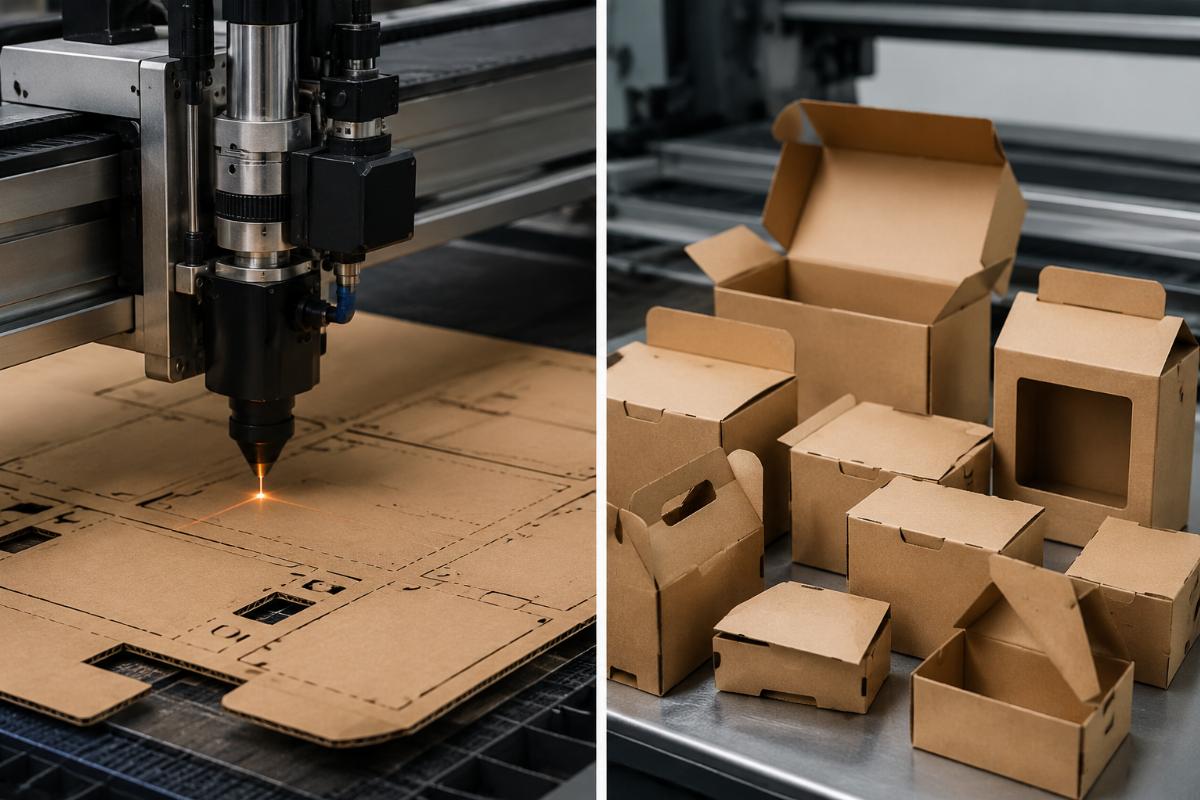 Side-by-side comparison of a packaging CNC cutter processing corrugated board and finished custom box prototypes