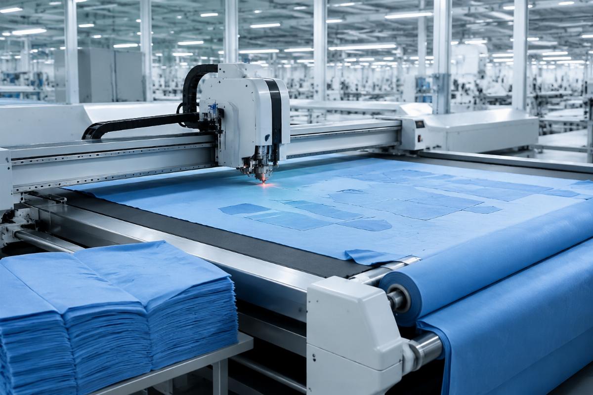 CNC cutting machine processing line for surgical gown production showing auto-feeding function