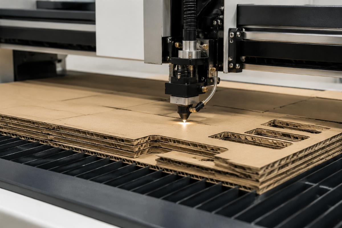 Packaging CNC cutter processing multiple layers of corrugated board with clean, unburnt edges