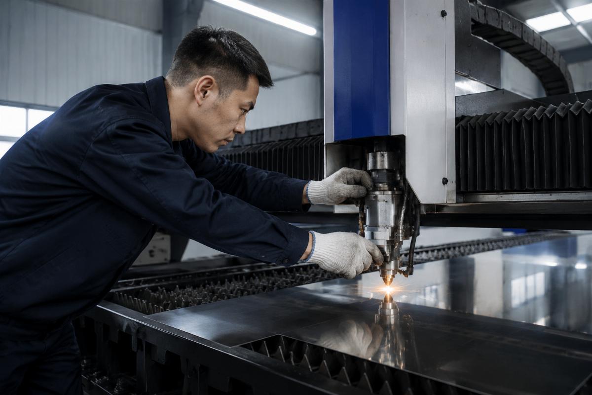 Routine maintenance on a CNC cutting machine Maintenance technician performing routine check on a new CNC cutting machine
