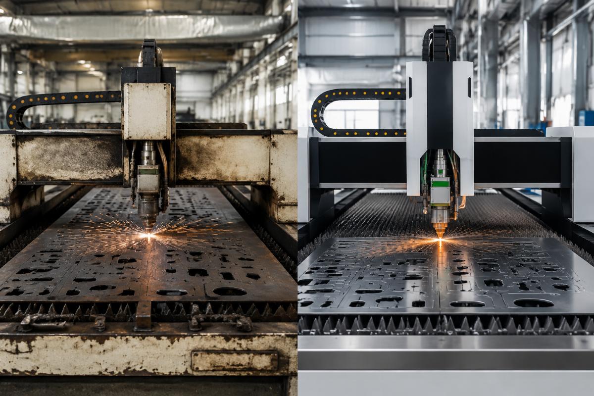 Side-by-side comparison of second-hand and new CNC cutting machines in a factory production setting