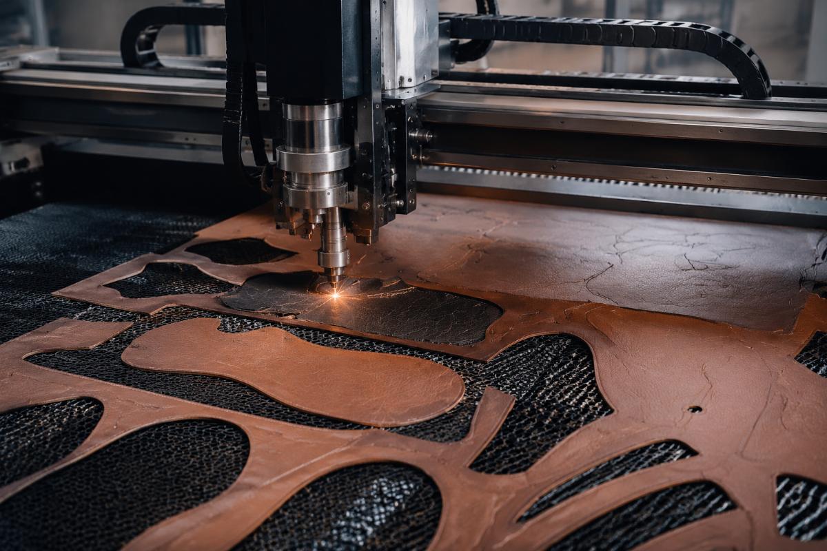 A CNC cutting machine processing leather and shoe sole materials in a production facility