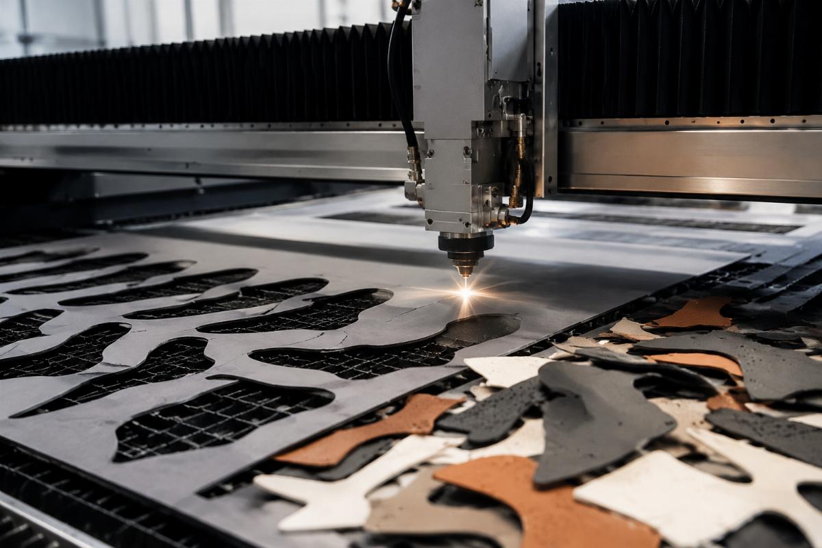 Shoe material waste reduction with dedicated CNC cutting equipment Factory floor view of a CNC cutting machine processing shoe production materials
