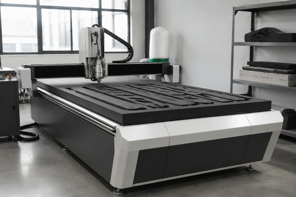 A single custom CNC foam cutting machine installed on a small factory production floor