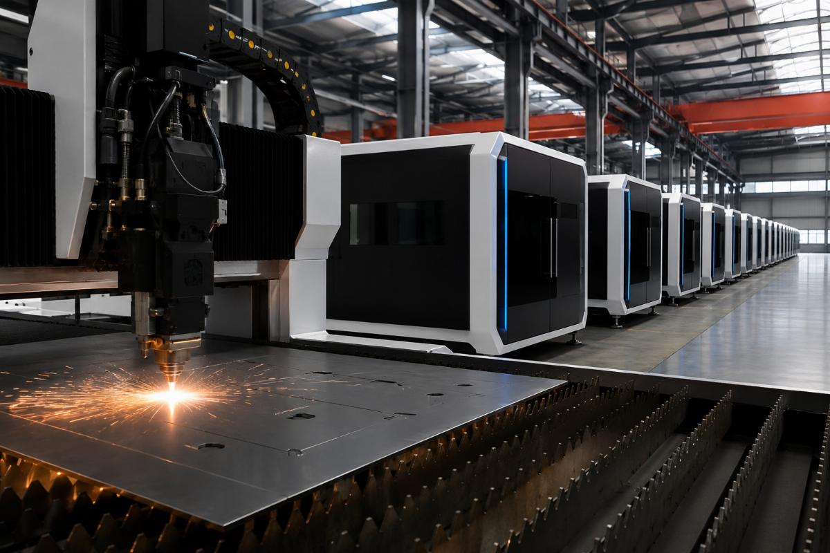 Specialized Chinese CNC cutting machine manufacturing facility Production facility of a professional Chinese CNC cutting machine manufacturer with finished units ready for shipment