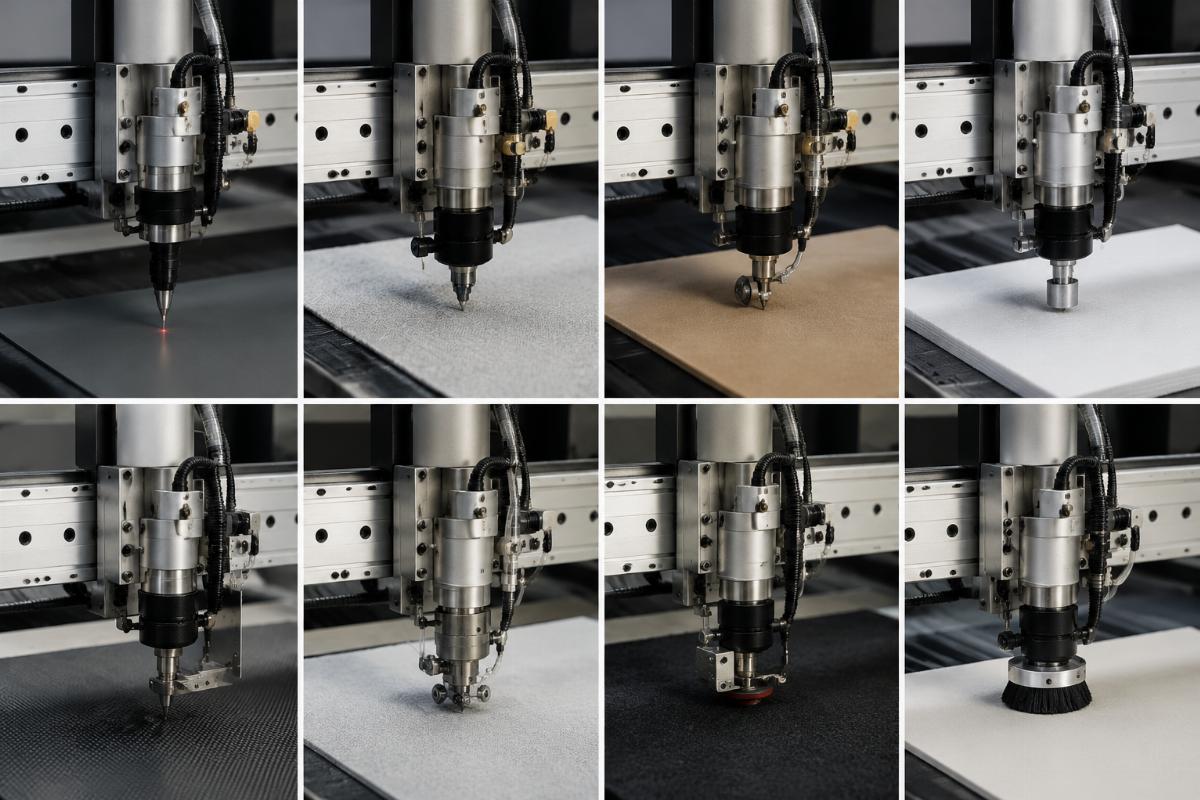 Tool configuration options for CNC sofa fabric cutting machines Different tool assemblies installed on a CNC cutting machine for different material types