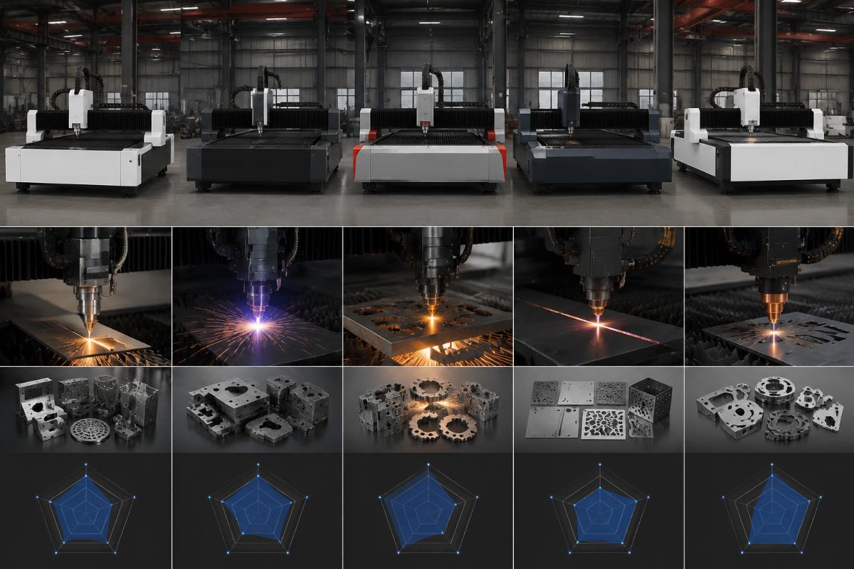 A side-by-side comparison of 5 CNC cutting machine models on a factory floor, with labeled core parameter markers