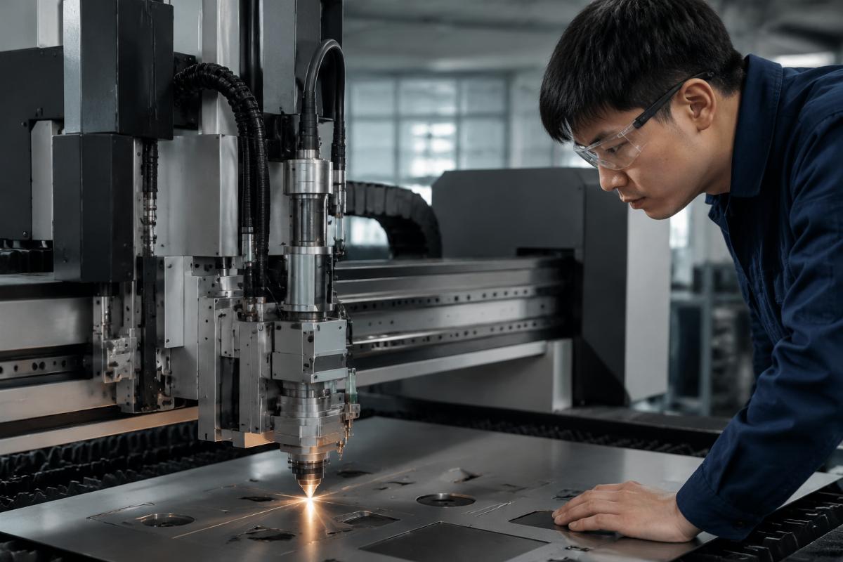 A factory technician performing a precision cutting test on a Chinese-made CNC oscillating knife cutting machine