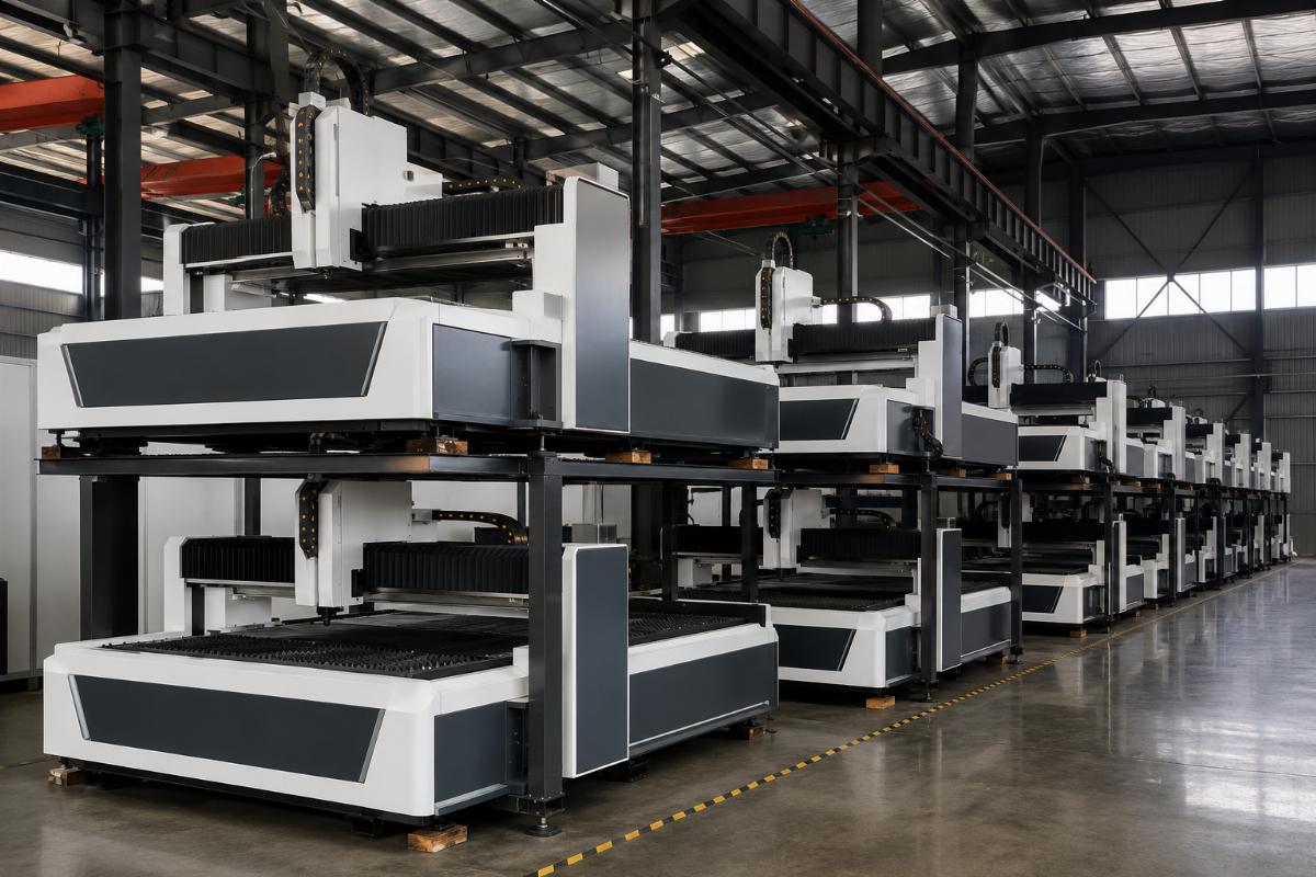 A warehouse with stacked CNC cutting machines ready for international shipping